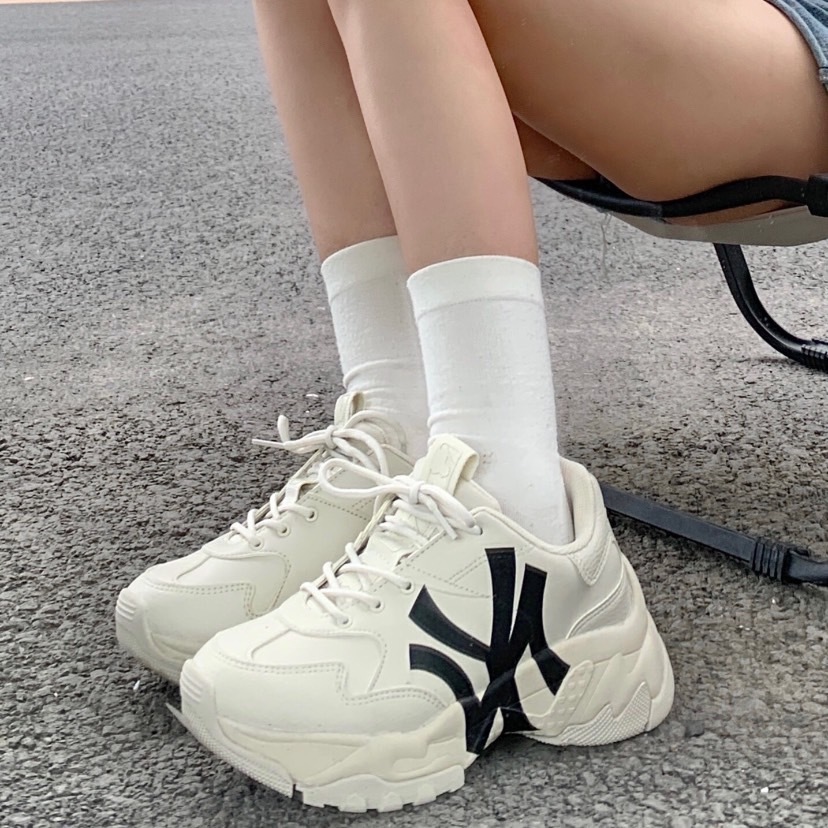 MLB米白復古印花 大LOGO 老爹鞋 （32SHC1011-50B）