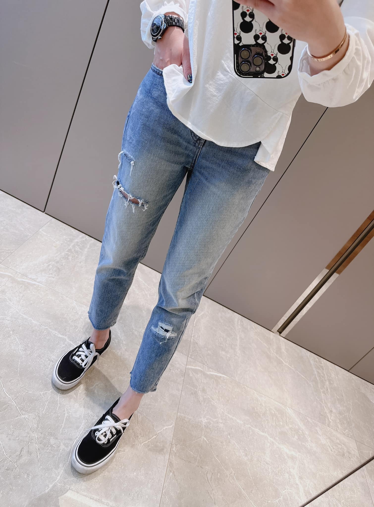 ᴴᴼᵀ ▸▸店長推薦◃◃ 春夏新款/單膝破洞後鬆緊男友褲  MANIFEST正韓🇰🇷