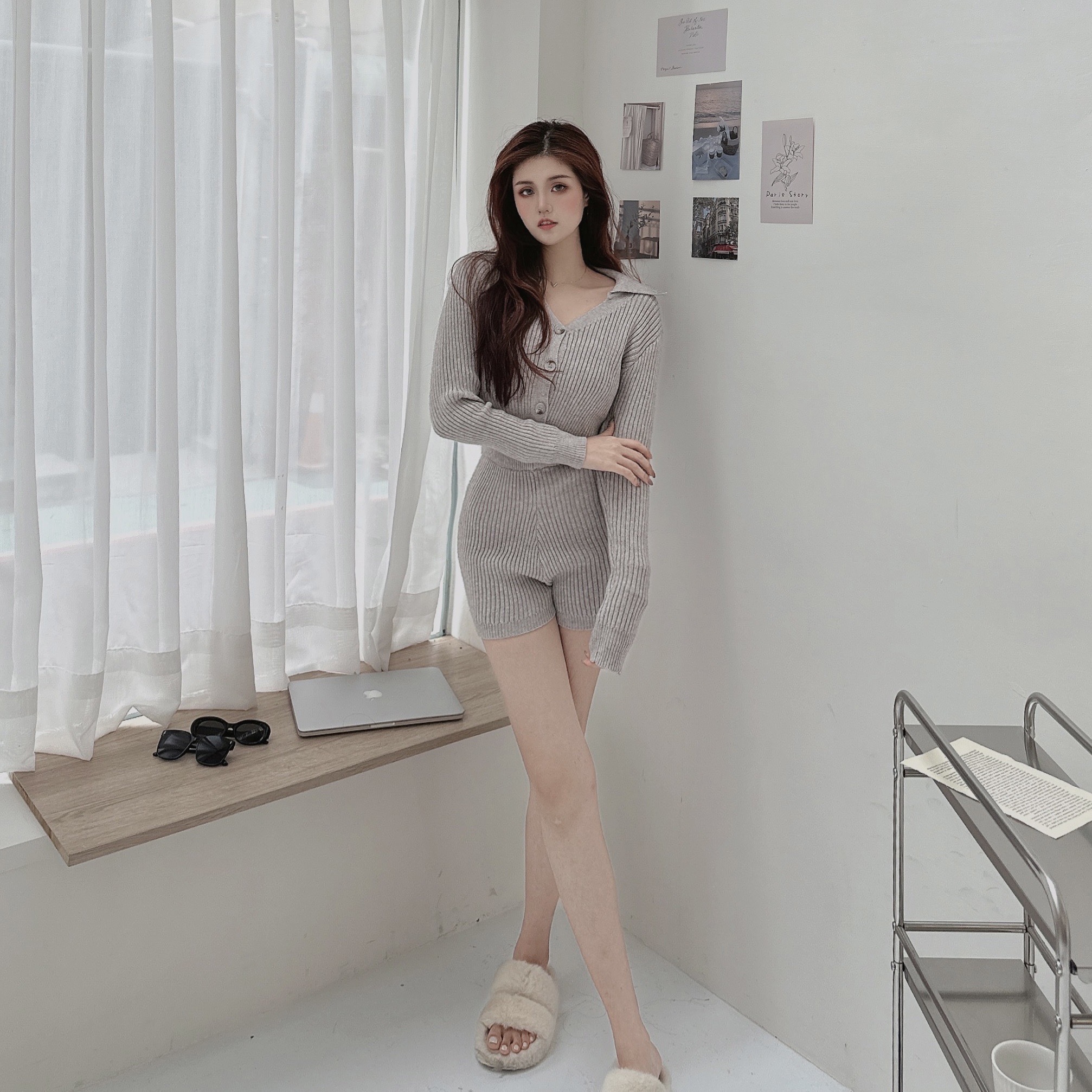 翻領羅紋針織四分褲套裝/三色