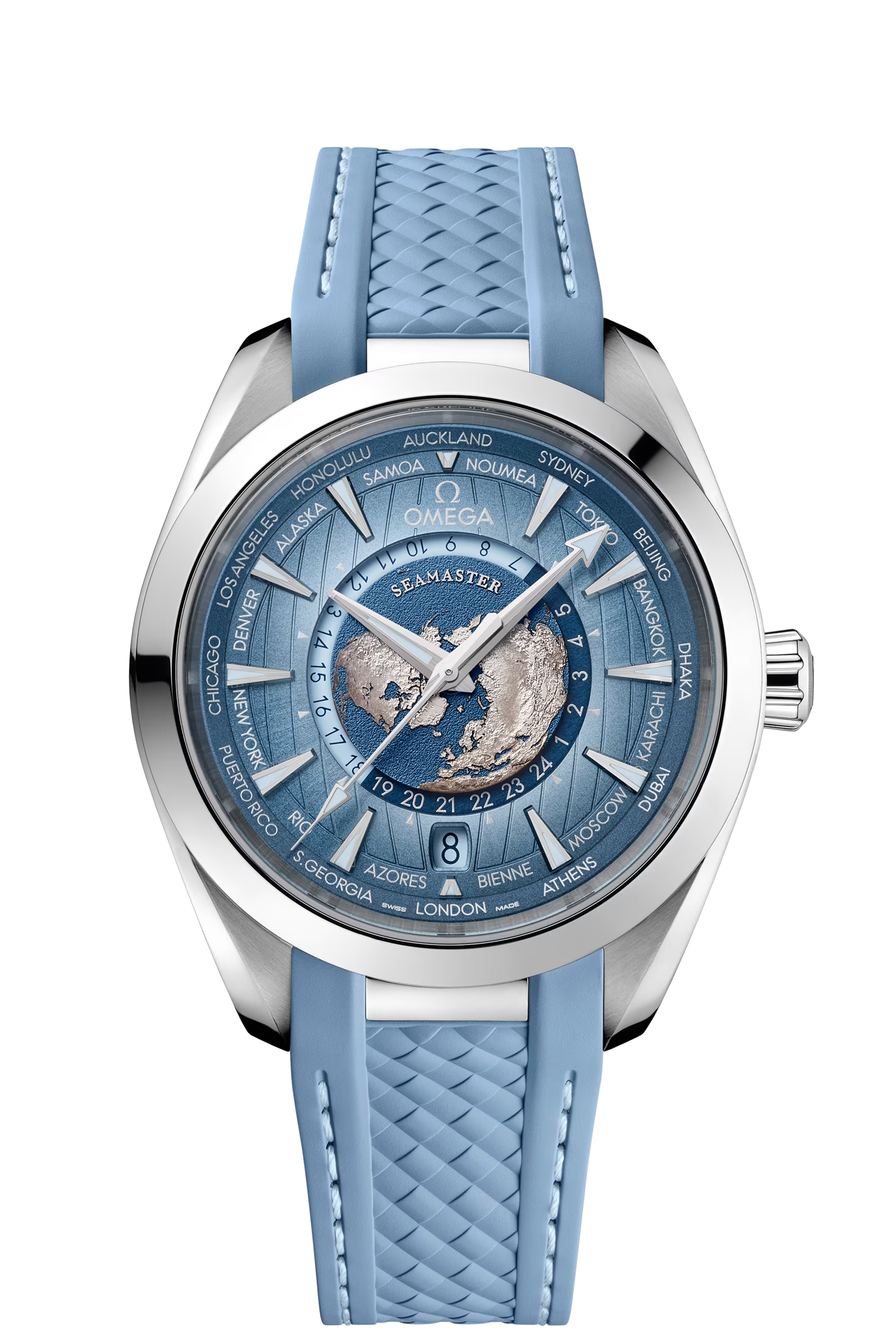 BRAND NEW OMEGA SEAMASTER 220.12.43.22.03.002 22012432203002 AQUA TERRA 150M CO‑AXIAL MASTER CHRONOMETER GMT summer blue WORLDTIMER WORLD TIME 43 MM