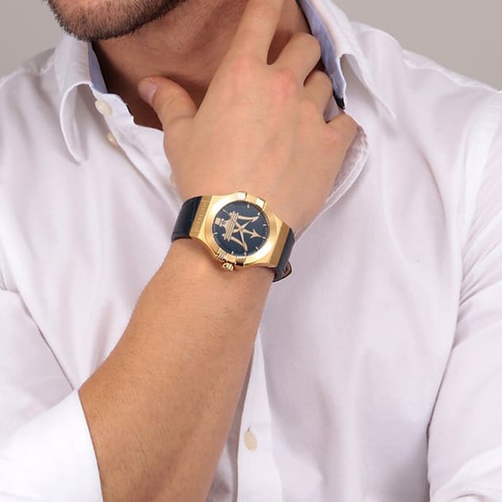 MASERATI 瑪莎拉蒂  Potenza 力霸羣雄系列石英手錶 晶綻藍X金色 藍色真皮錶帶  R8851108035 錶徑: 40MM