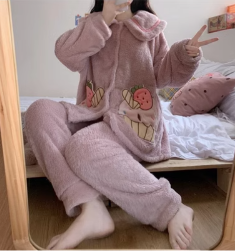 毛絨保暖睡衣+睡褲套裝