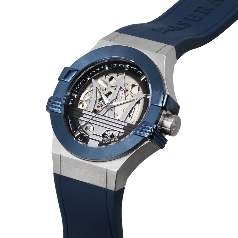 MASERATI 瑪莎拉蒂  Potenza 力霸羣雄系列鏤空機械手錶 霧銀藍 藍色矽膠錶帶  R8821108035  錶徑: 40MM