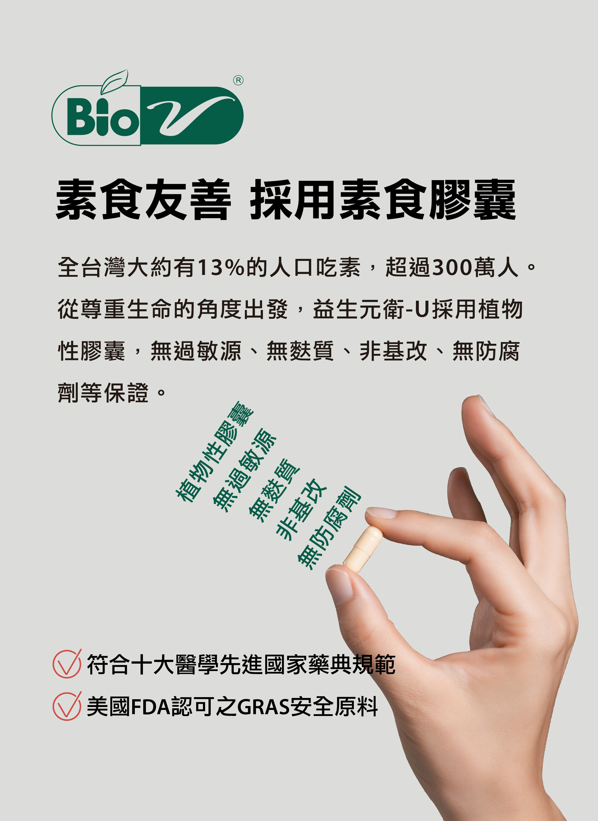 益生元衛-U，素食友善，採用植物性膠囊，無過敏源、無麩質、非基改、無防腐劑等保證