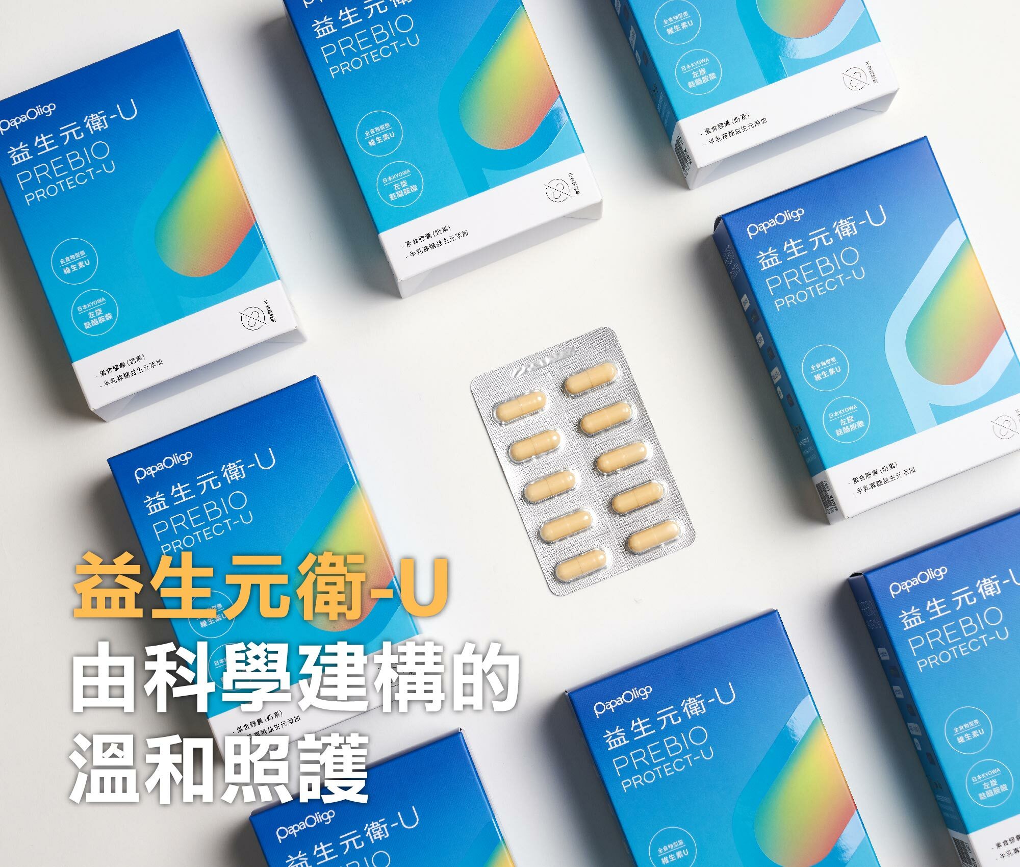 益生元衛-U由科學建構的溫和照護，外包裝及淡黃色膠囊