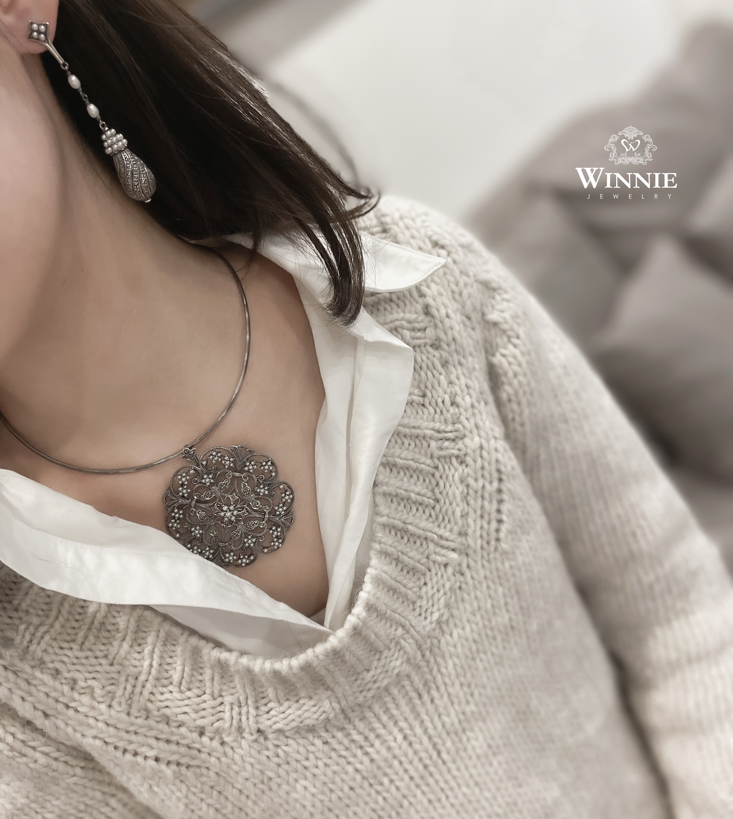 螺旋珍珠垂墜耳環