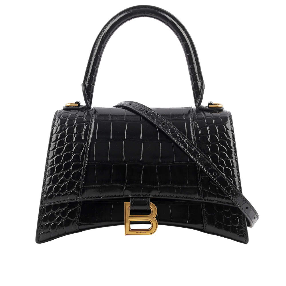 【BALENCIAGA】Hourglass 金釦壓鱷魚紋牛皮二用沙漏包(小款)