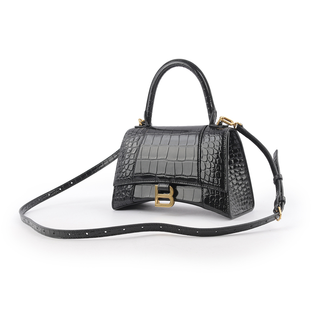 【BALENCIAGA】Hourglass 金釦壓鱷魚紋牛皮二用沙漏包(小款)(黑色) 593546 1LRGM 1000