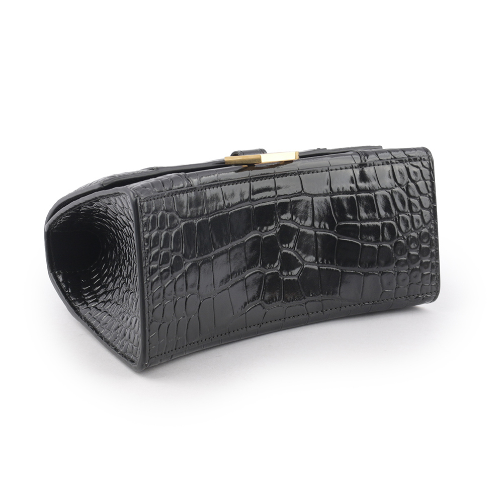 【BALENCIAGA】Hourglass 金釦壓鱷魚紋牛皮二用沙漏包(小款)(黑色) 593546 1LRGM 1000