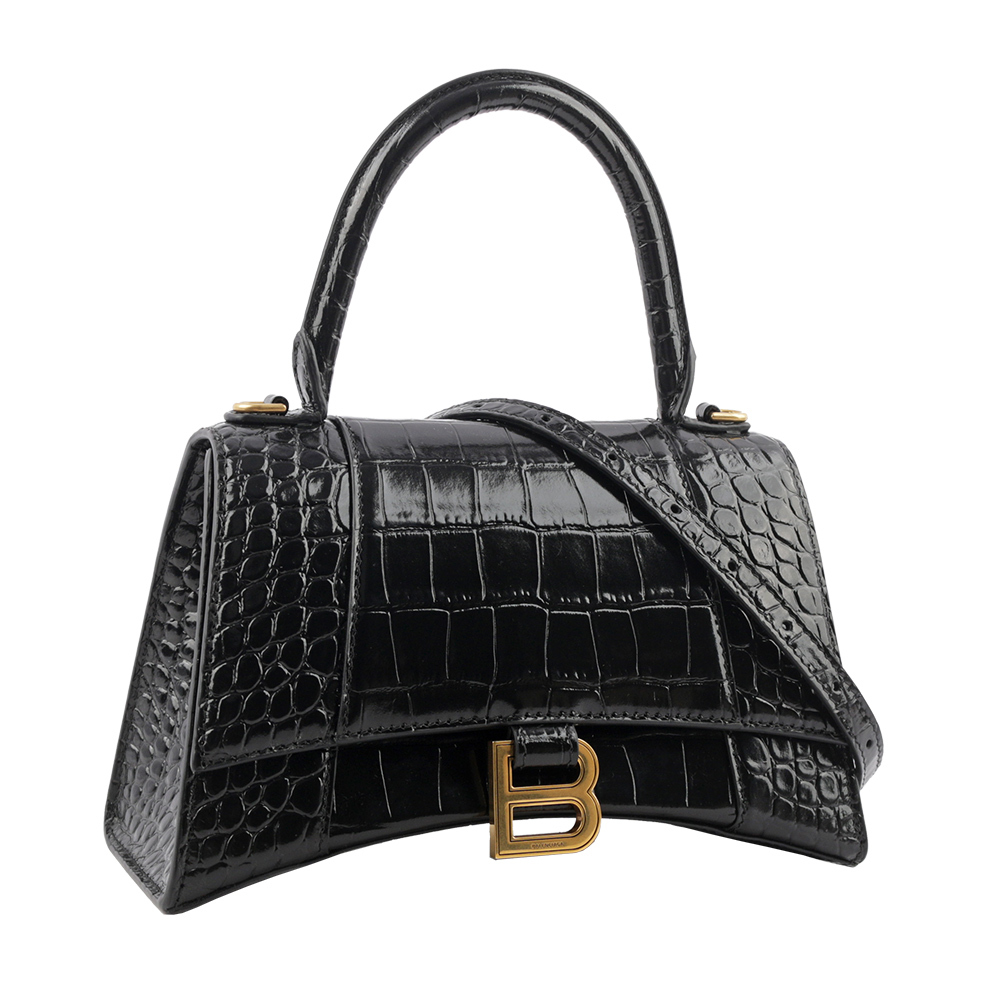【BALENCIAGA】Hourglass 金釦壓鱷魚紋牛皮二用沙漏包(小款)(黑色) 593546 1LRGM 1000