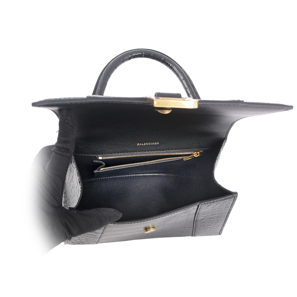 【BALENCIAGA】Hourglass 金釦壓鱷魚紋牛皮二用沙漏包(小款)(黑色) 593546 1LRGM 1000