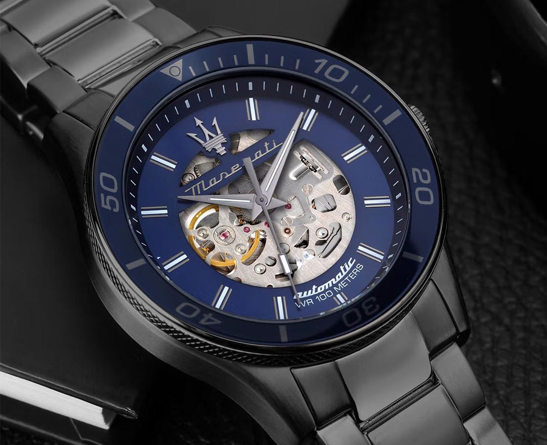 MASERATI 瑪莎拉蒂   Sfida 無畏迎戰系列鏤空機械手錶 晶綻藍 槍灰色不鏽鋼鍊帶  R8823140009  錶徑: 44MM