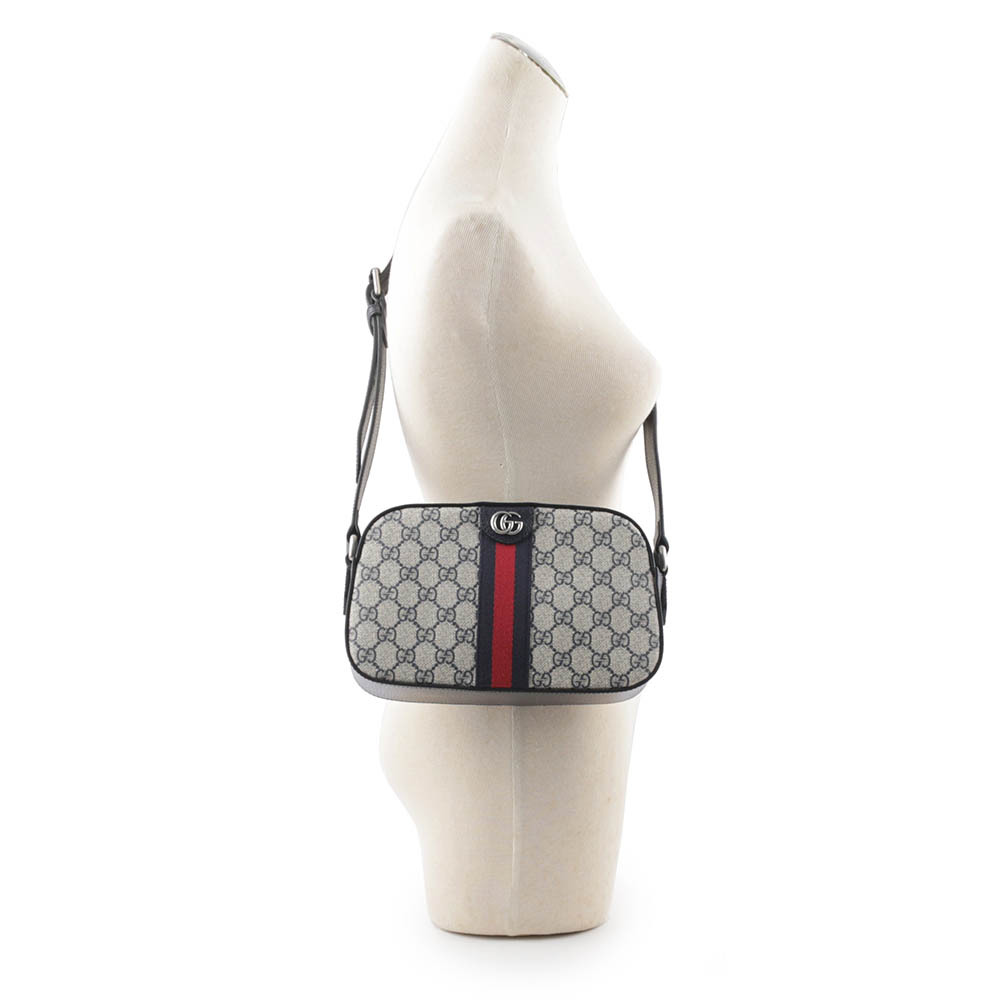 【GUCCI】Ophidia GG Supreme 帆布藍紅織帶相機包(米色/黑藍色) 681064 96IWN 4076