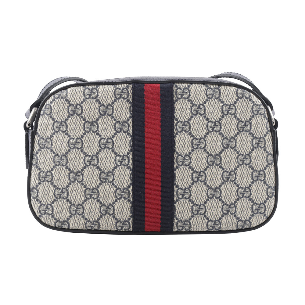 【GUCCI】Ophidia GG Supreme 帆布藍紅織帶相機包(米色/黑藍色) 681064 96IWN 4076