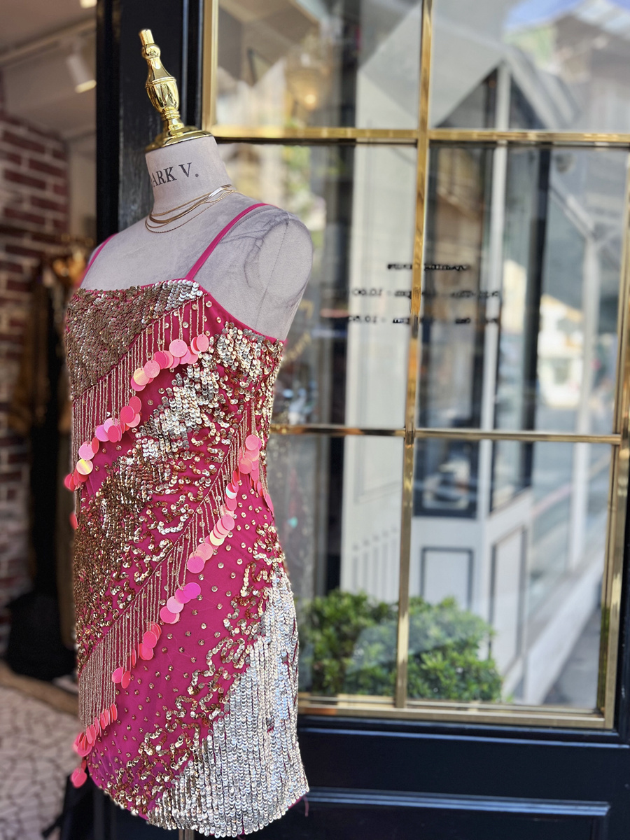 Disco Pink 粉紅淡金色手工縫珠亮片流蘇 Mini Dress