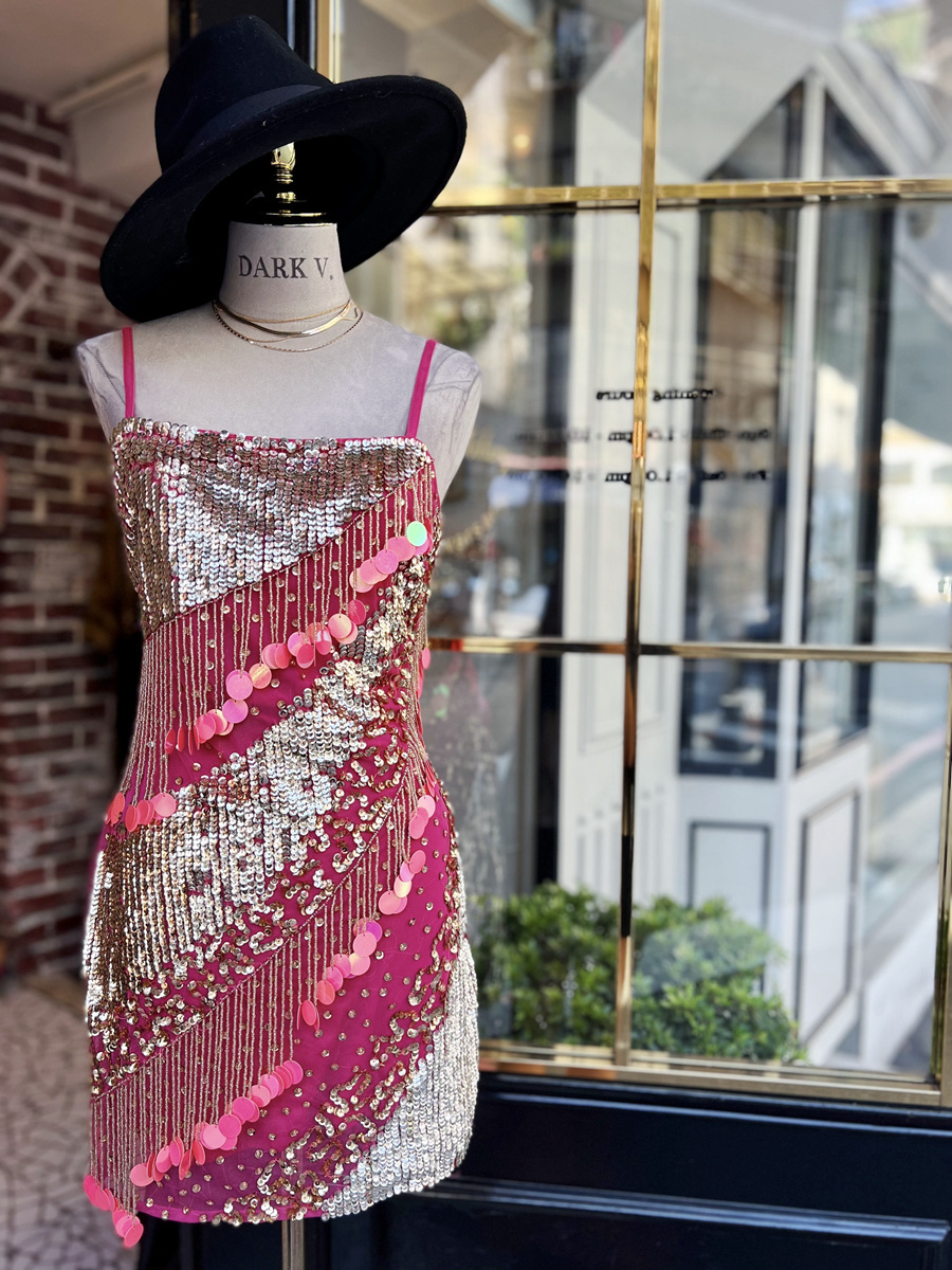 Disco Pink 粉紅淡金色手工縫珠亮片流蘇 Mini Dress