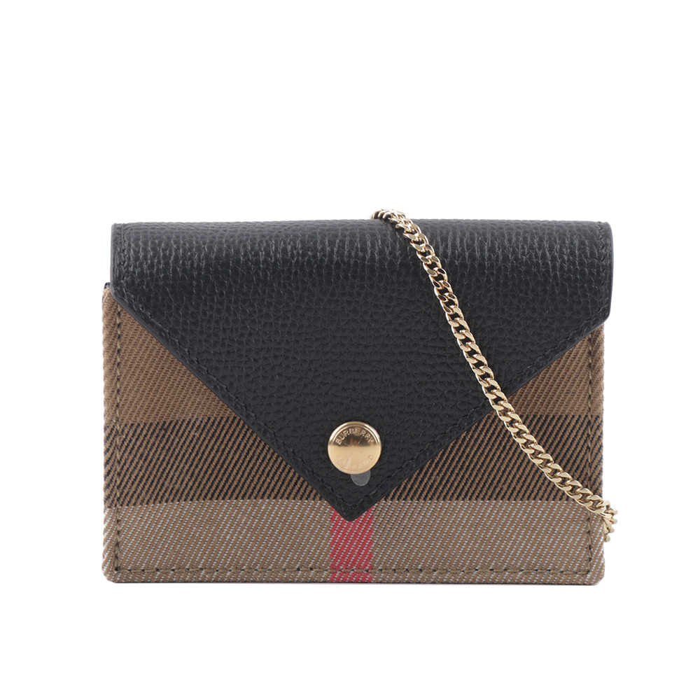 【BURBERRY】Jade 經典格紋及牛皮信封式附鏈帶卡片夾