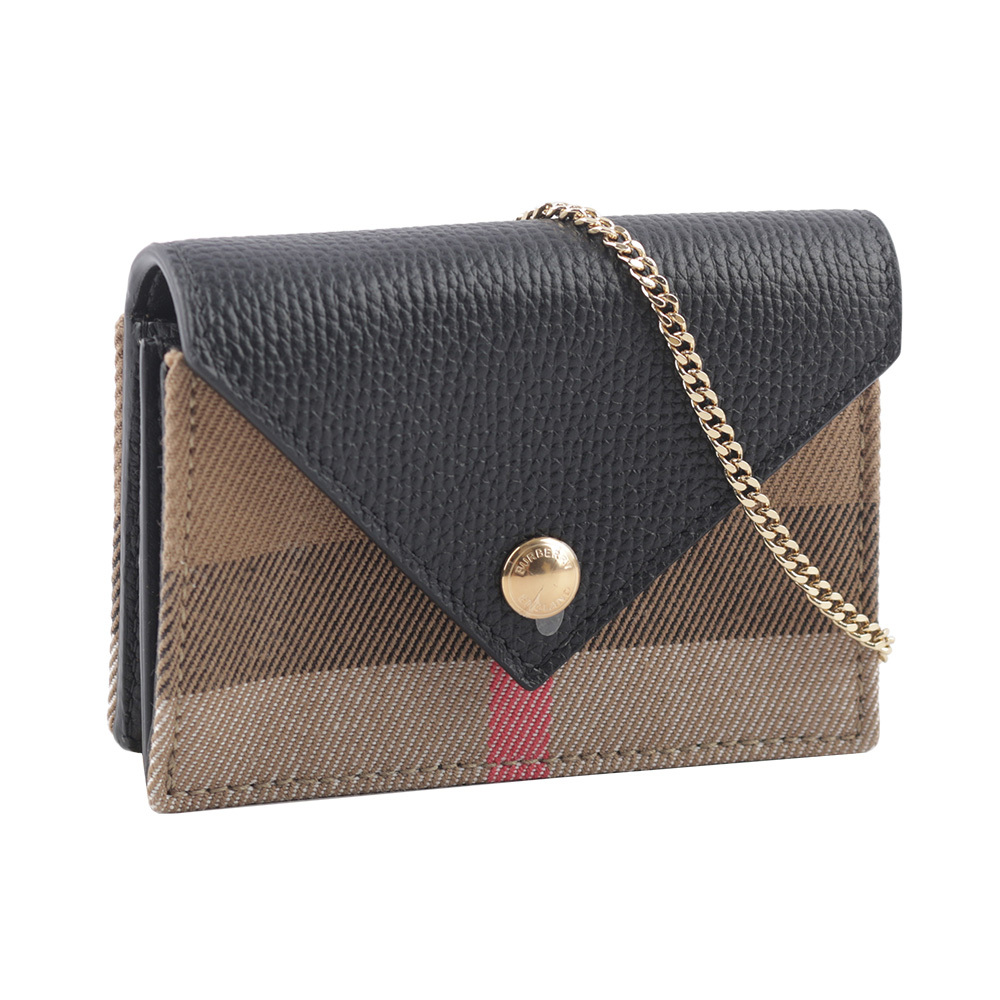 【BURBERRY】Jade 經典格紋及牛皮信封式附鏈帶卡片夾