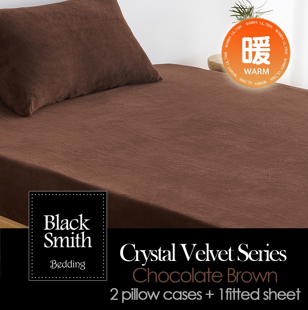 Black Smith 水晶絨秒速鎖溫保暖套裝(2枕頭套+1床笠/淨床笠)朱古力啡
