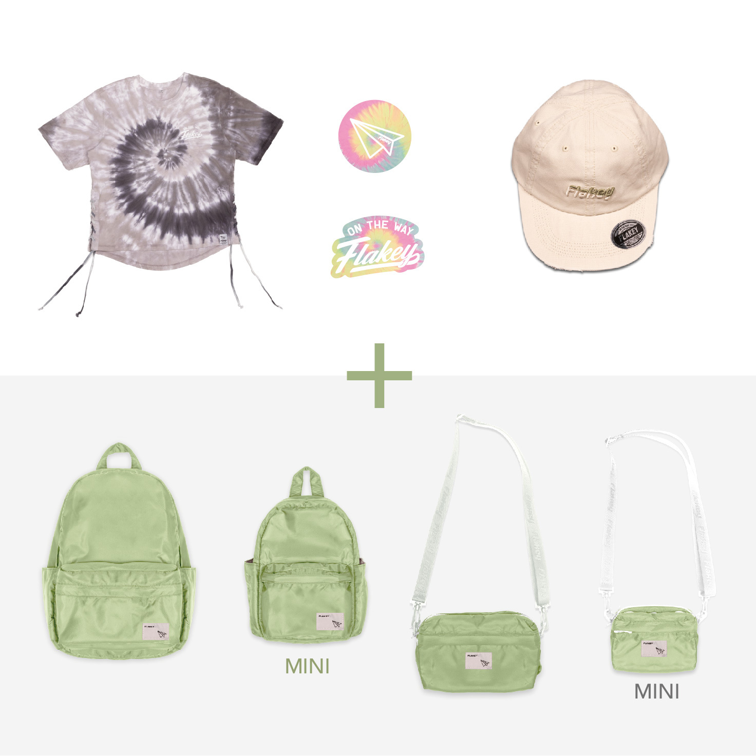 Candy Carnival All-Set 袋(粉綠) + Tie-dye Couture 懷舊灰 Tee + Flakey logo cap (卡其) (限量貨品)