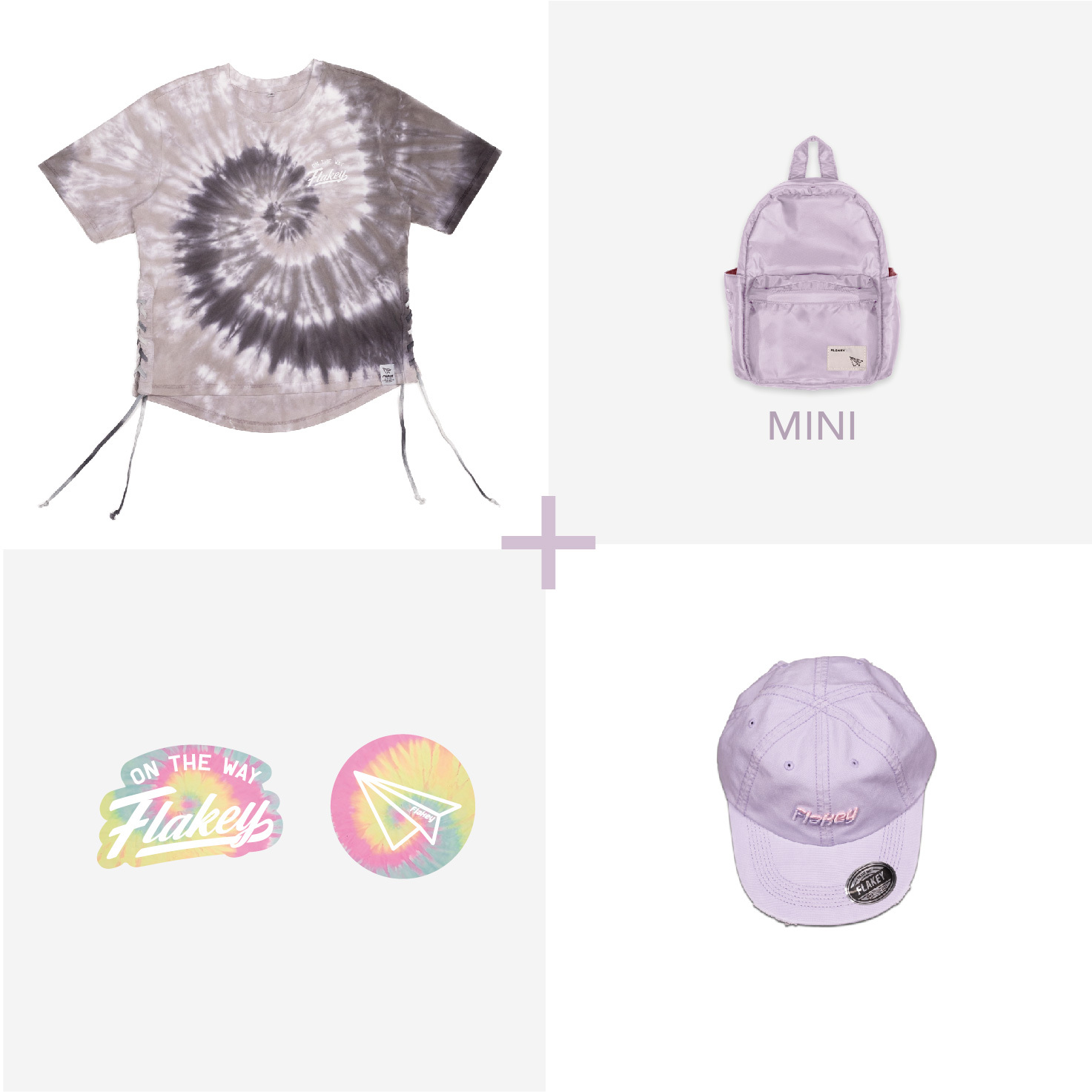 Candy Carnival MINI 休閑風輕巧背囊(粉紫) + Tie-dye Couture 懷舊灰 Tee + Flakey logo cap (紫) (限量貨品)