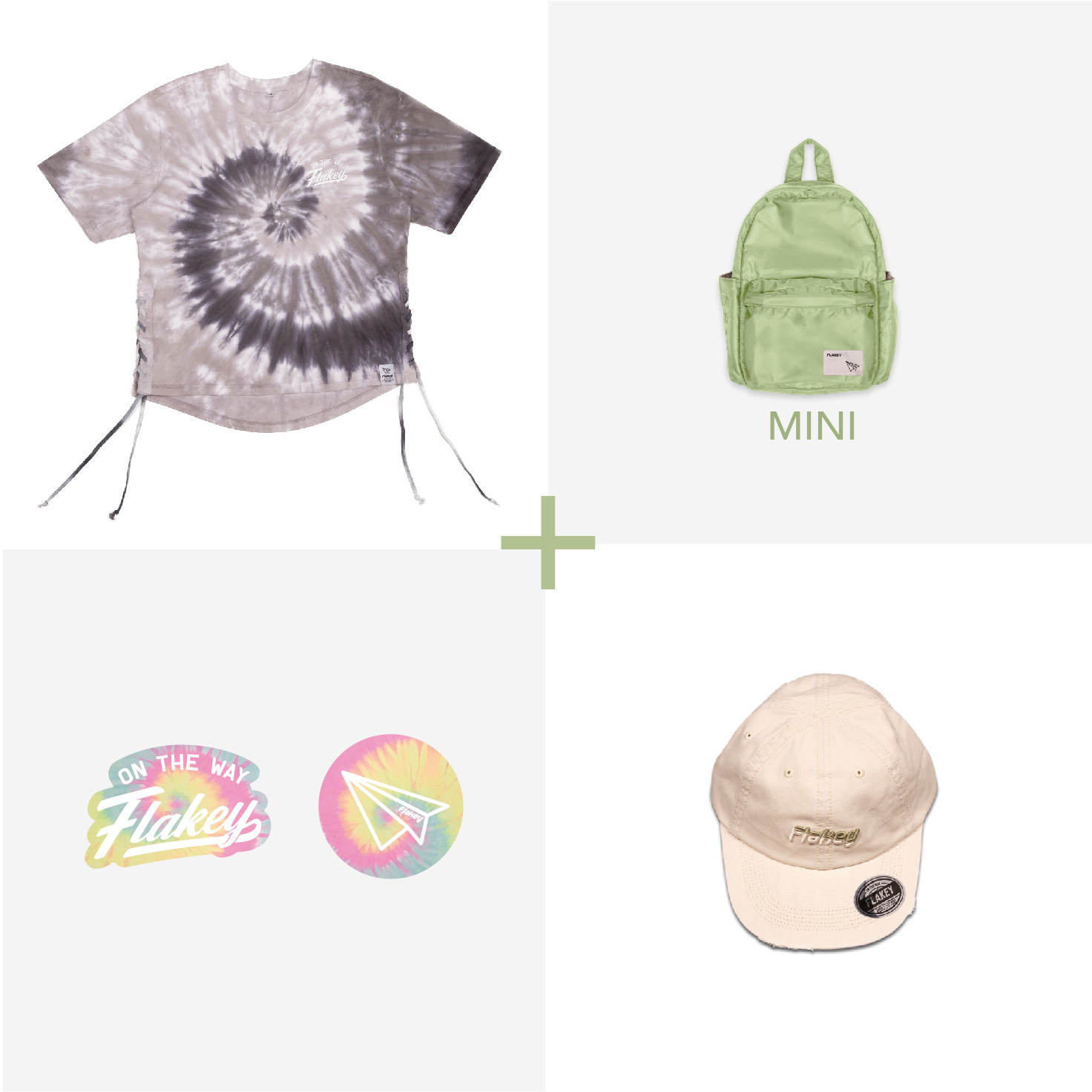 Candy Carnival MINI 休閑風輕巧背囊(粉綠) + Tie-dye Couture 懷舊灰 Tee + Flakey logo cap (卡其) (限量貨品)