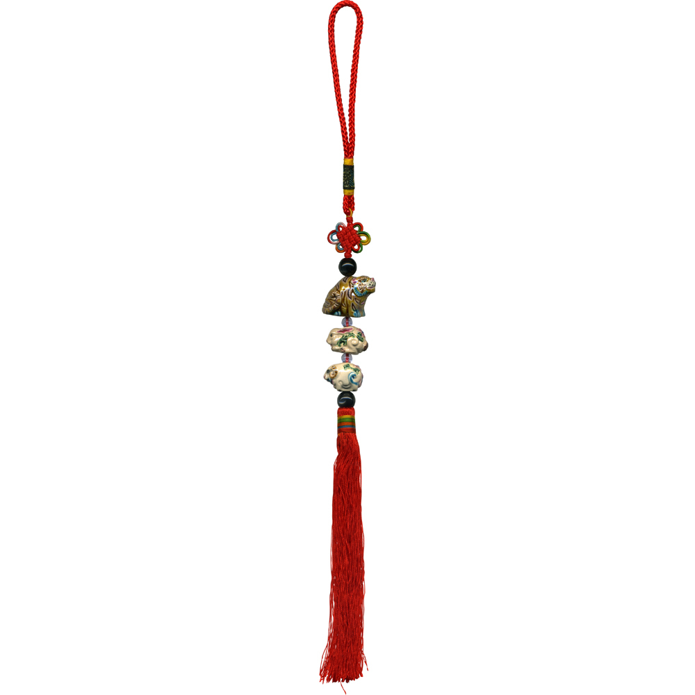 交趾陶大串中國結吊飾｜生肖豬 三合六合守護神