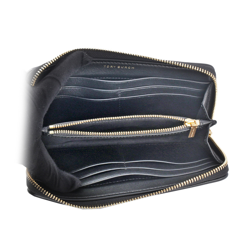 【TORY BURCH】Kira 縫線納帕皮革ㄇ形拉鍊長夾(黑色) 90348 001
