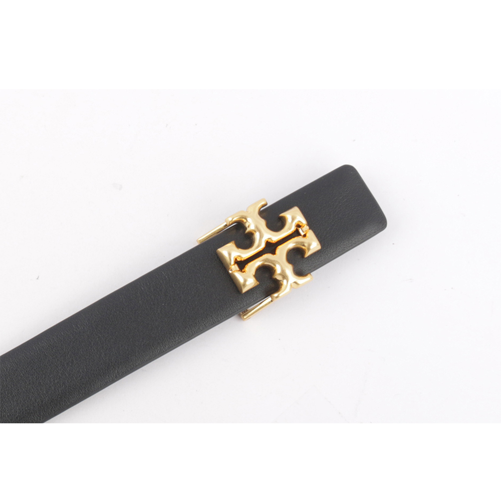 【TORY BURCH】Eleanor 金釦小牛皮寬2.5cm皮帶(黑色) 138939 001