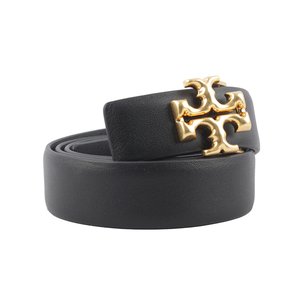 【TORY BURCH】Eleanor 金釦小牛皮寬2.5cm皮帶(黑色) 138939 001