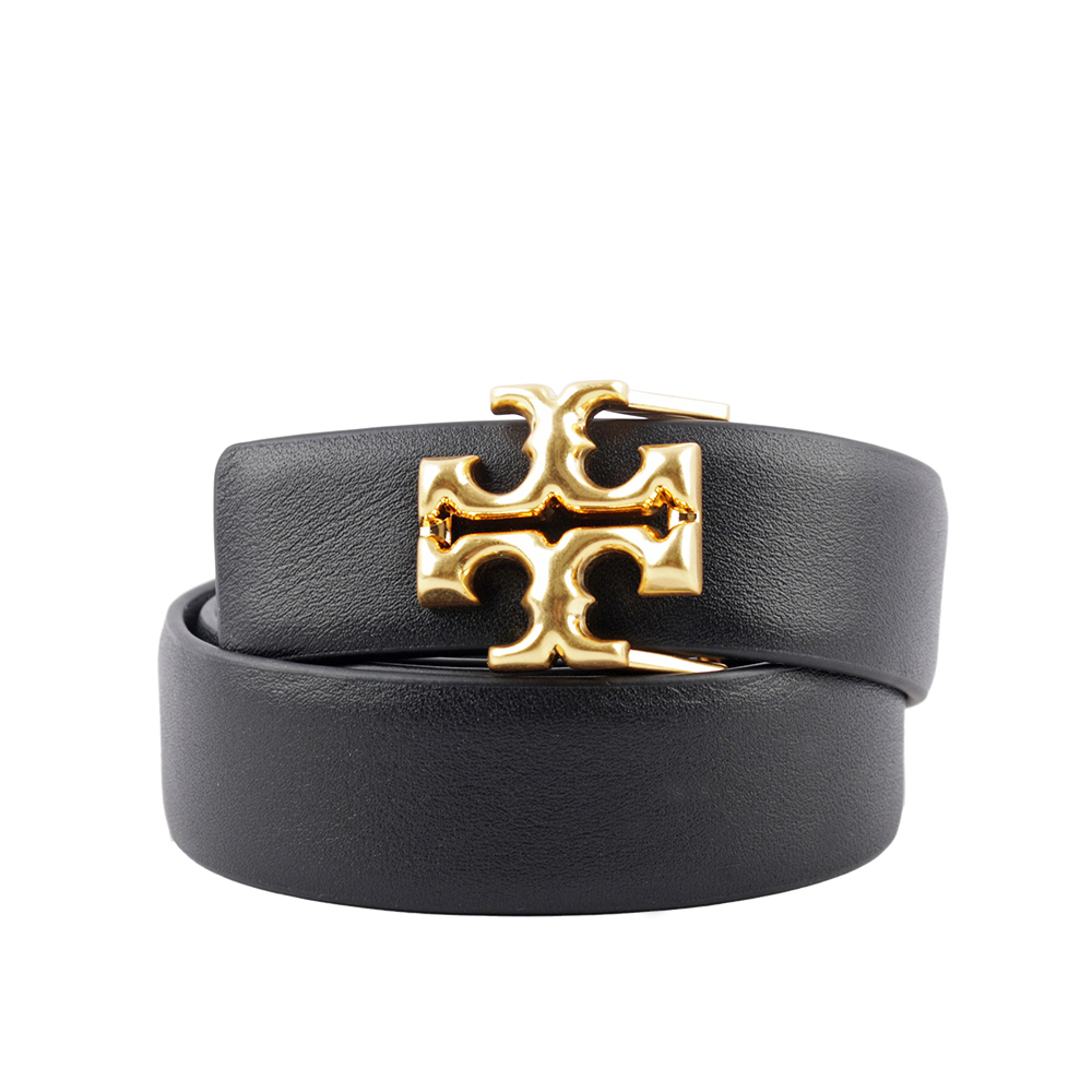 【TORY BURCH】Eleanor 金釦小牛皮寬2.5cm皮帶(黑色) 138939 001