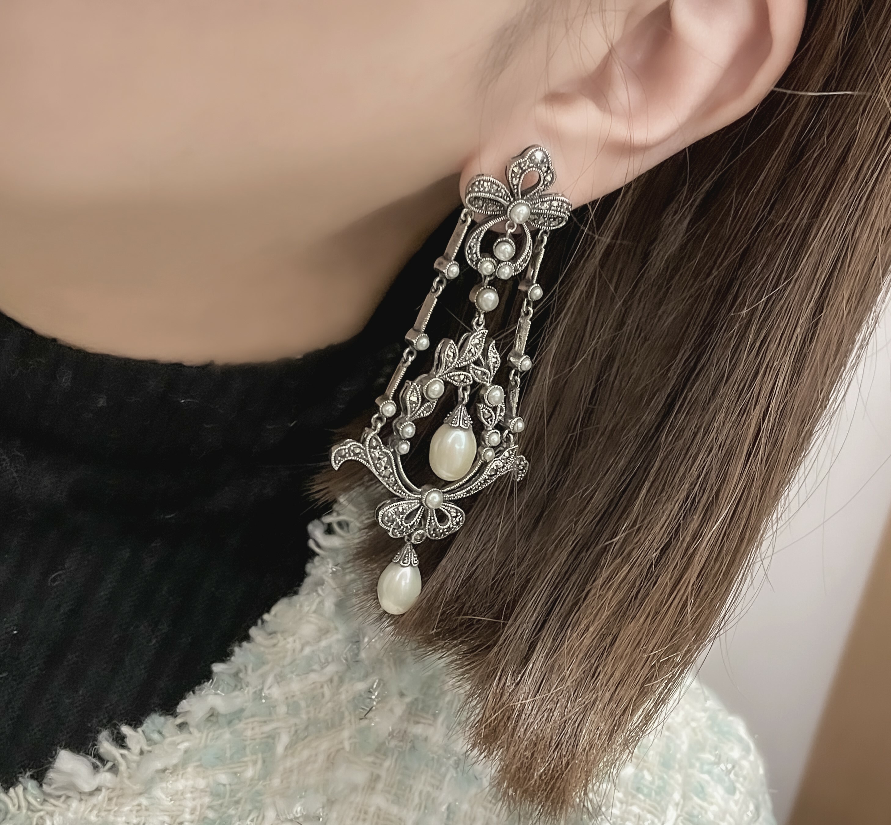 華麗珍珠緞帶耳環