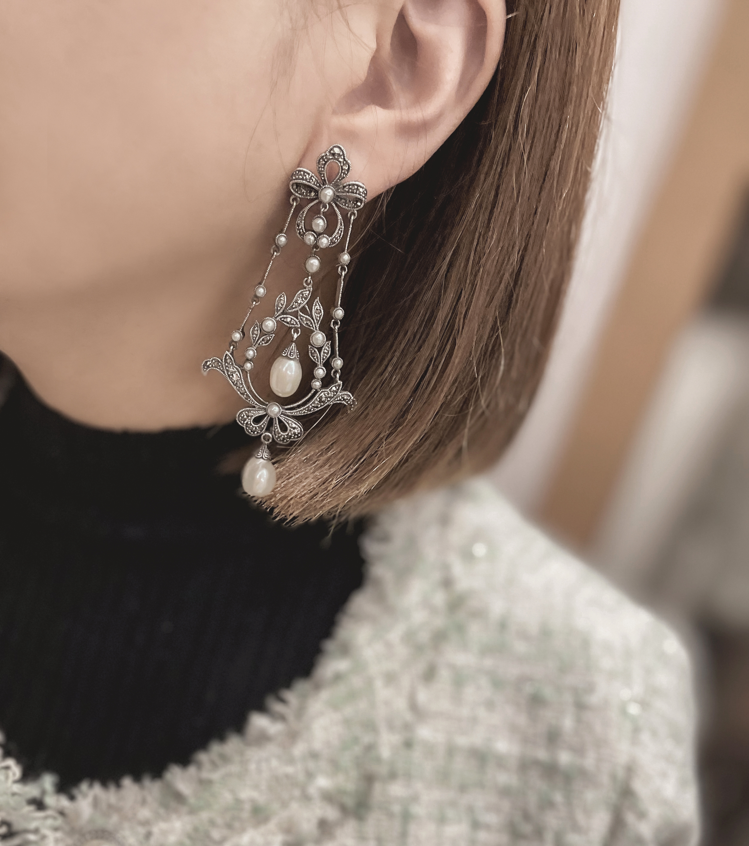 華麗珍珠緞帶耳環