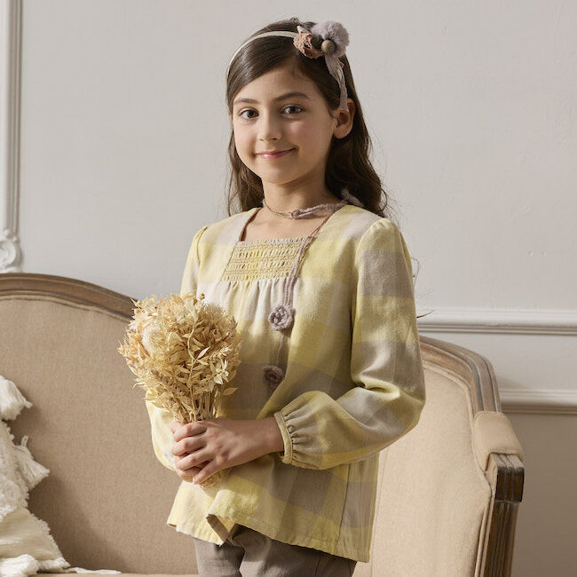 PIPPY純棉格紋圓領長袖上衣 黃