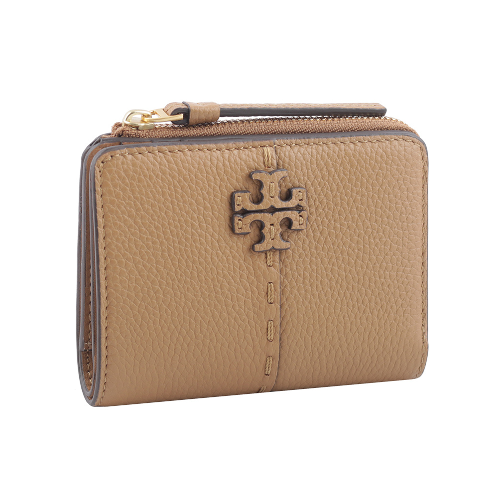 【Tory Burch】McGRAW 鵝卵石皮革暗釦對開二折短夾(提拉米蘇)