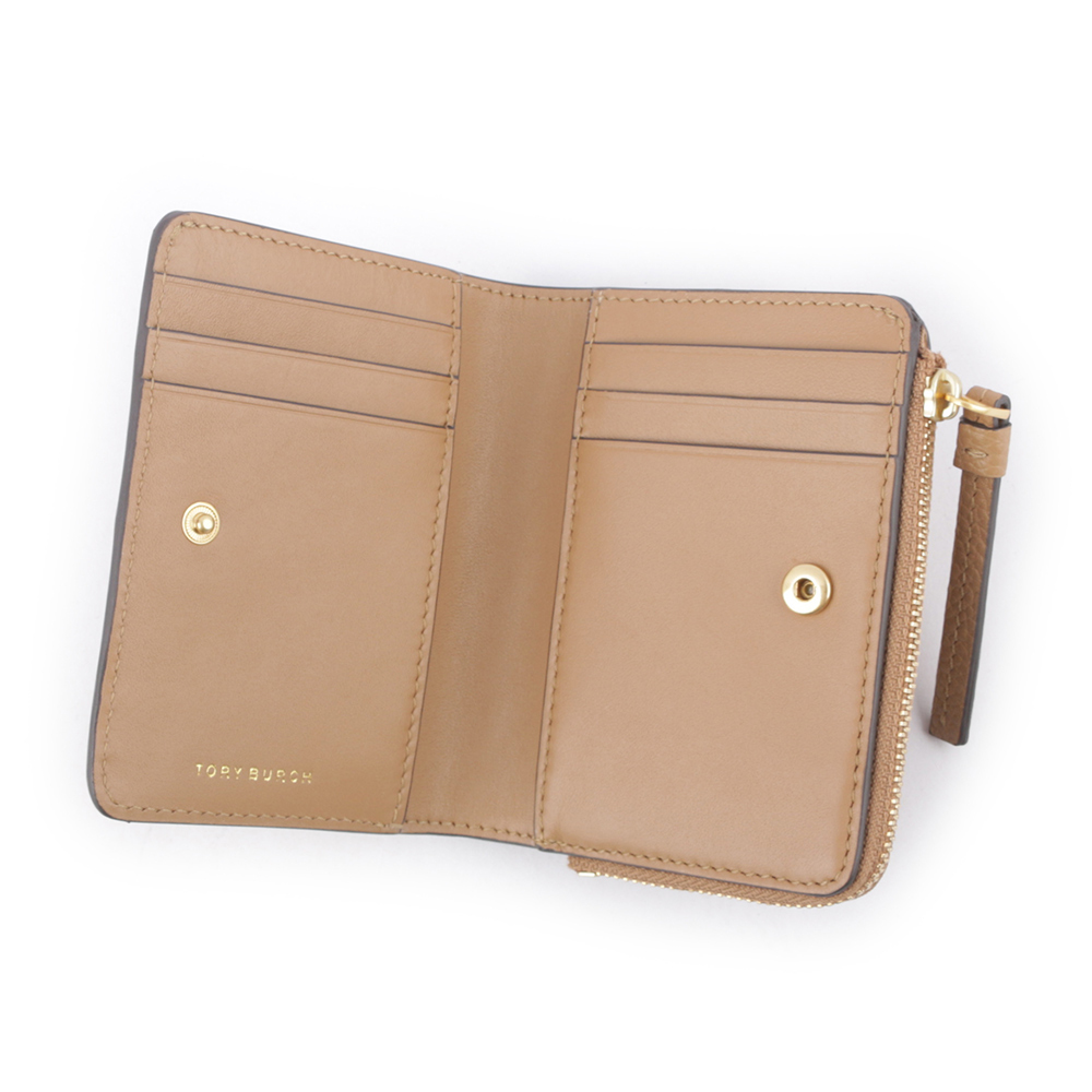 【TORY BURCH】McGRAW 鵝卵石皮革暗釦對開二折短夾(提拉米蘇) 148751 227