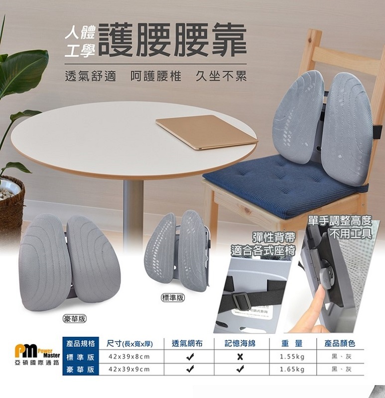 米特3C數位–Power Master 亞碩 人體工學可調式靠背 雙背葉 豪華型 灰/黑