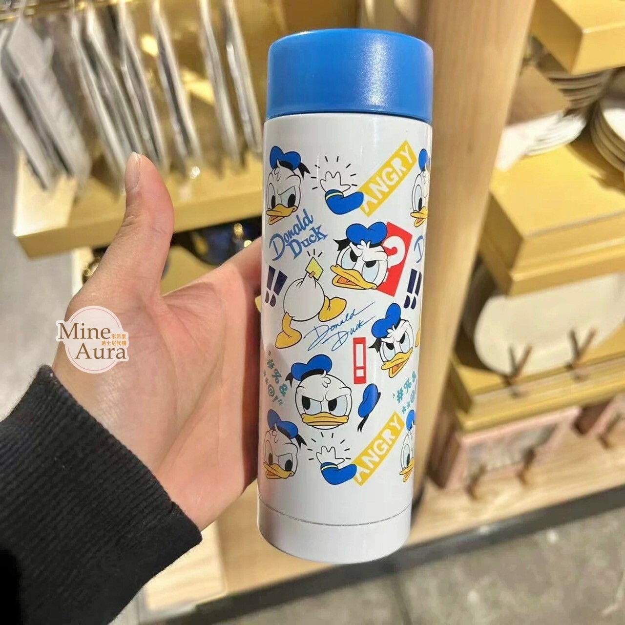 唐老鴨 Donald 滿版圖案 藍色蓋子 不鏽鋼 保溫瓶 隨身 水壺 -上海迪士尼樂園