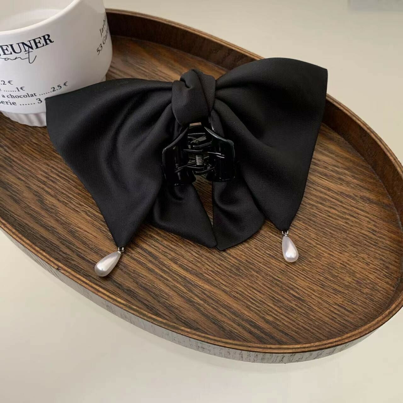 P06素面蝴蝶結珍珠半頭夾