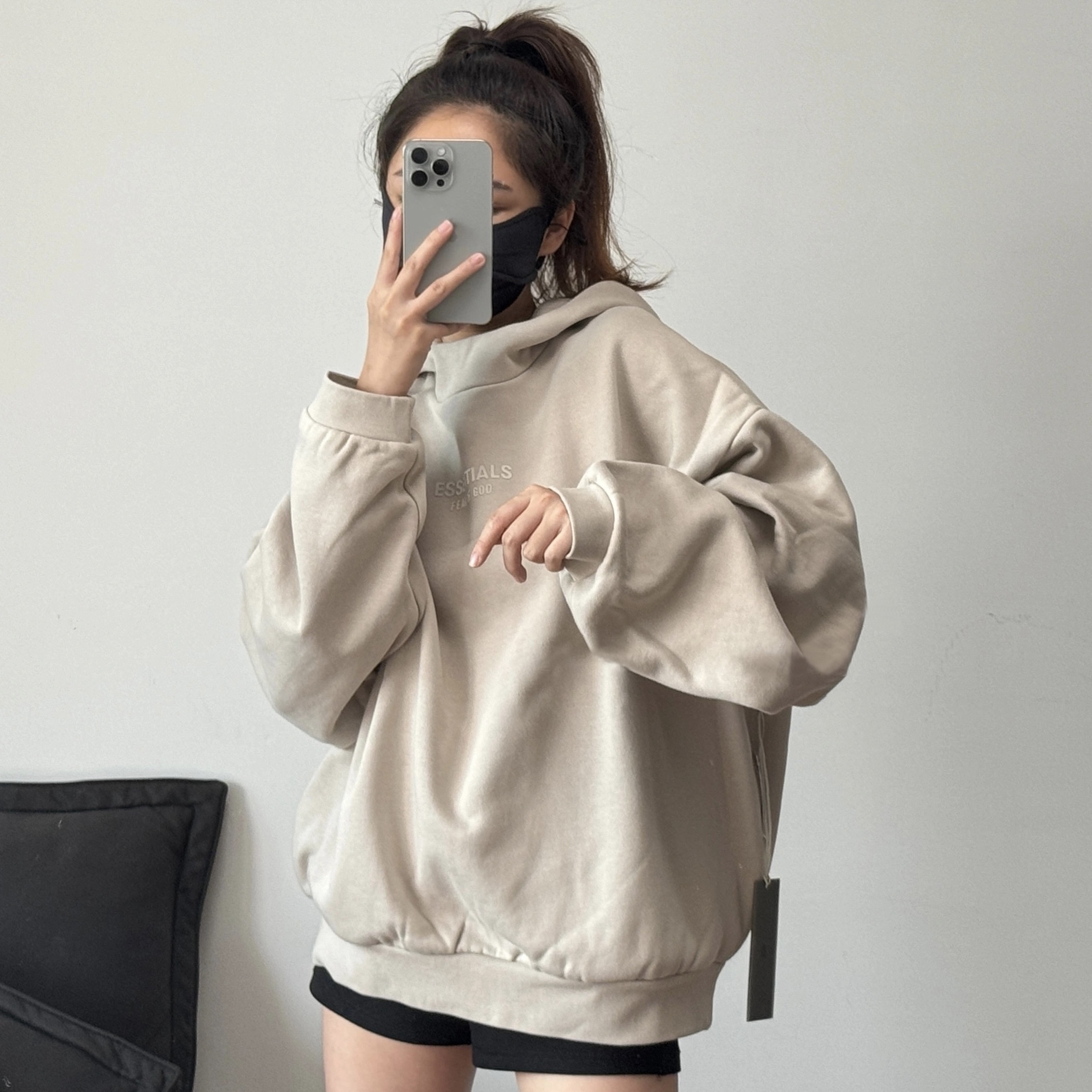 ESSENTIALS 胸前小LOGO 內刷毛 帽T 長袖 奶杏 卡其 燕麥灰 黑 白 / 現貨