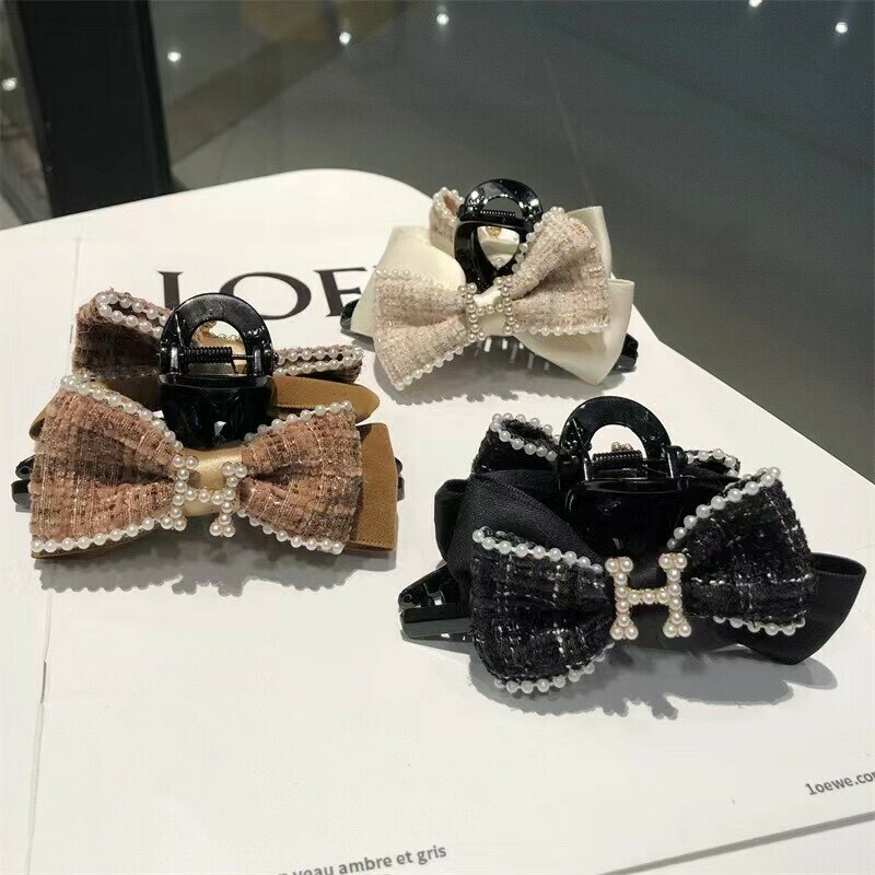 P10珍珠H毛呢蝴蝶結半頭夾