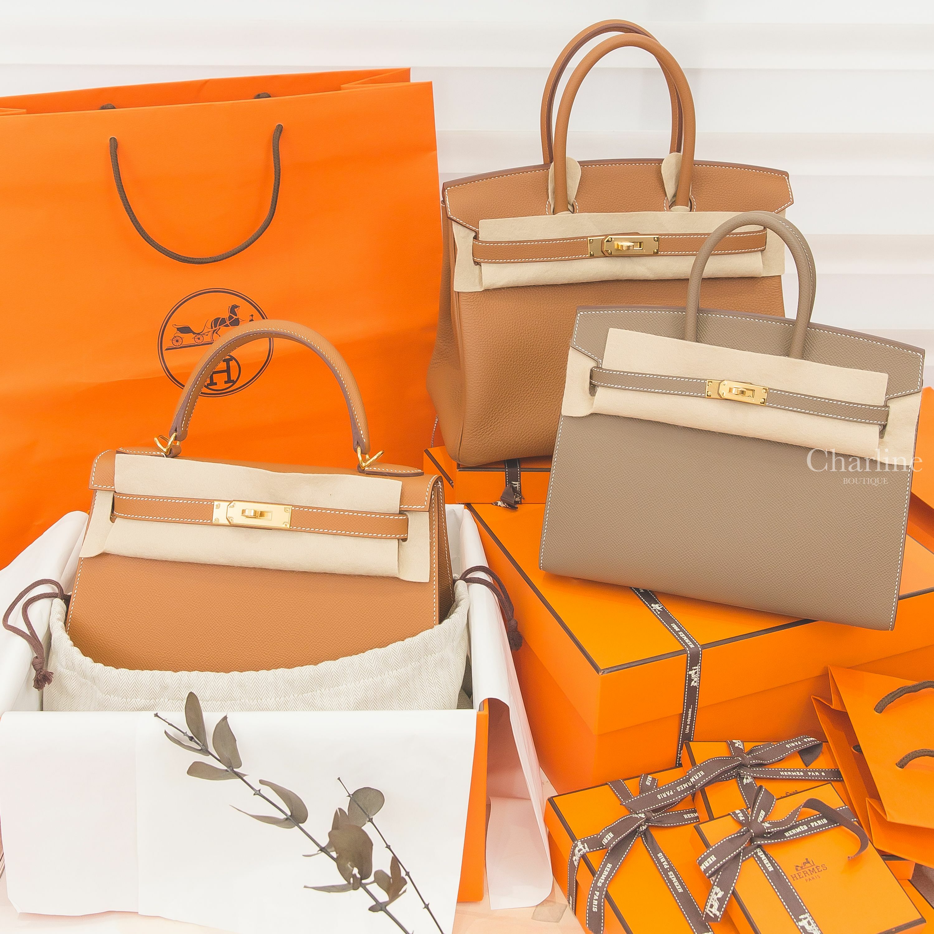 Hermès Birkin 25cm 18 Etoupe Epsom B刻大象灰金釦鉑金包,Hermès U刻焦糖色金釦鉑金包,Hermès B刻焦糖色金釦凱莉包-Charline Boutique 精品代購