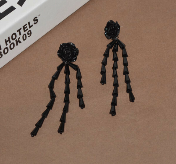 Long black rose earrings