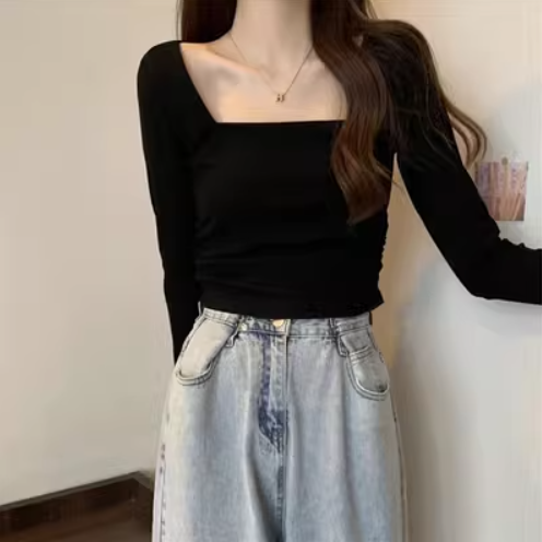 Brushed and brushed square collar long-sleeved undershirt