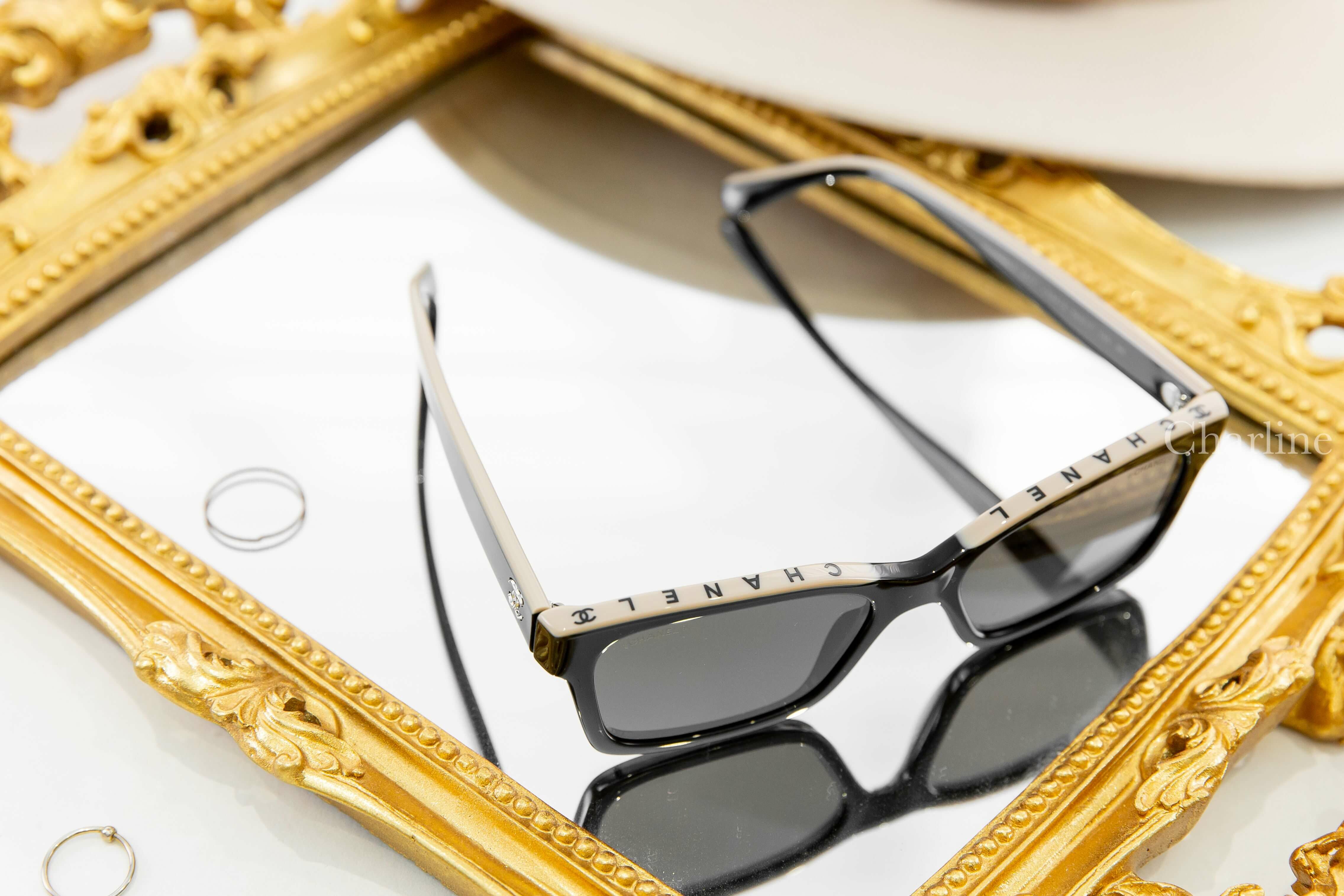Chanel Square Sunglasses 黑色拼裸底黑字方型咖啡色鏡片銀CC太陽眼鏡-Charline Boutique 精品代購