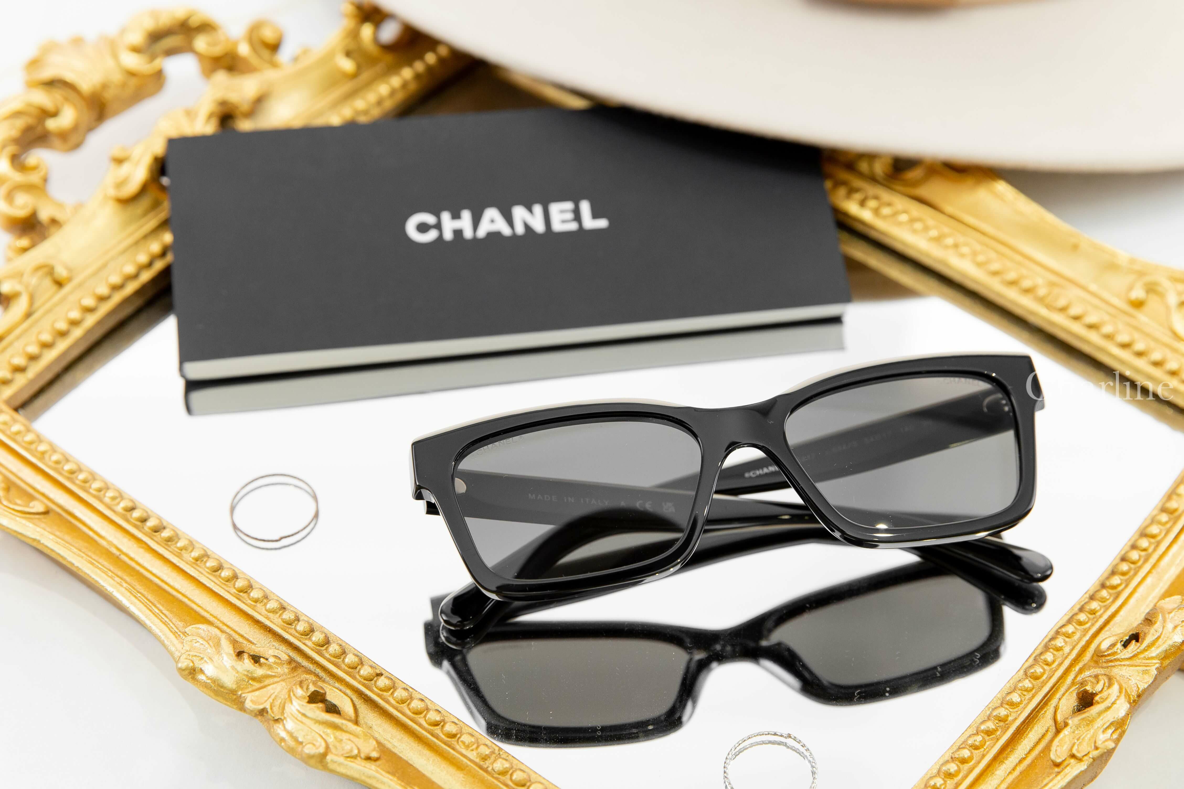 Chanel Square Sunglasses 黑色拼裸底黑字方型咖啡色鏡片銀CC太陽眼鏡-Charline Boutique 精品代購