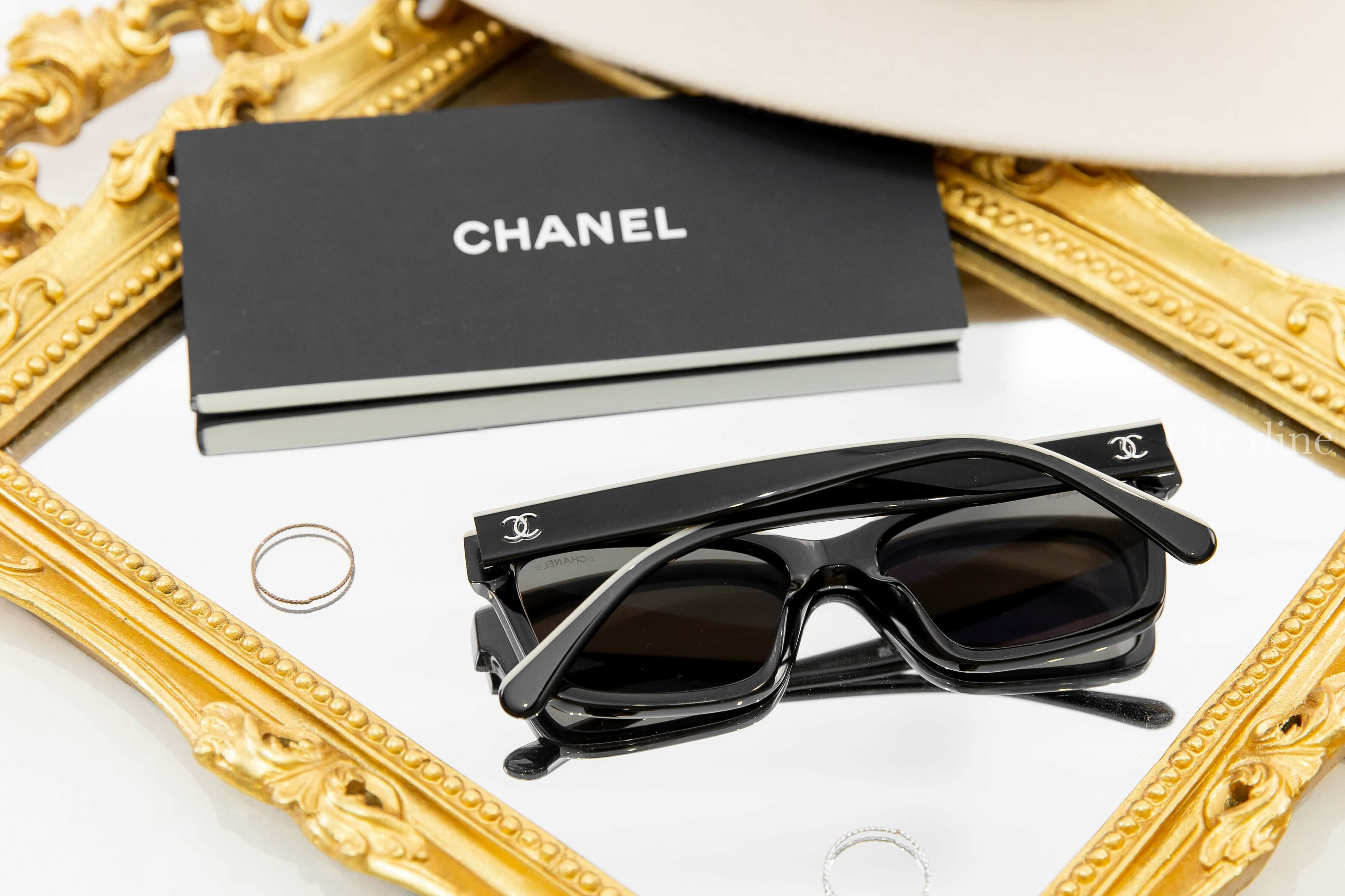 Chanel Square Sunglasses 黑色拼裸底黑字方型咖啡色鏡片銀CC太陽眼鏡-Charline Boutique 精品代購