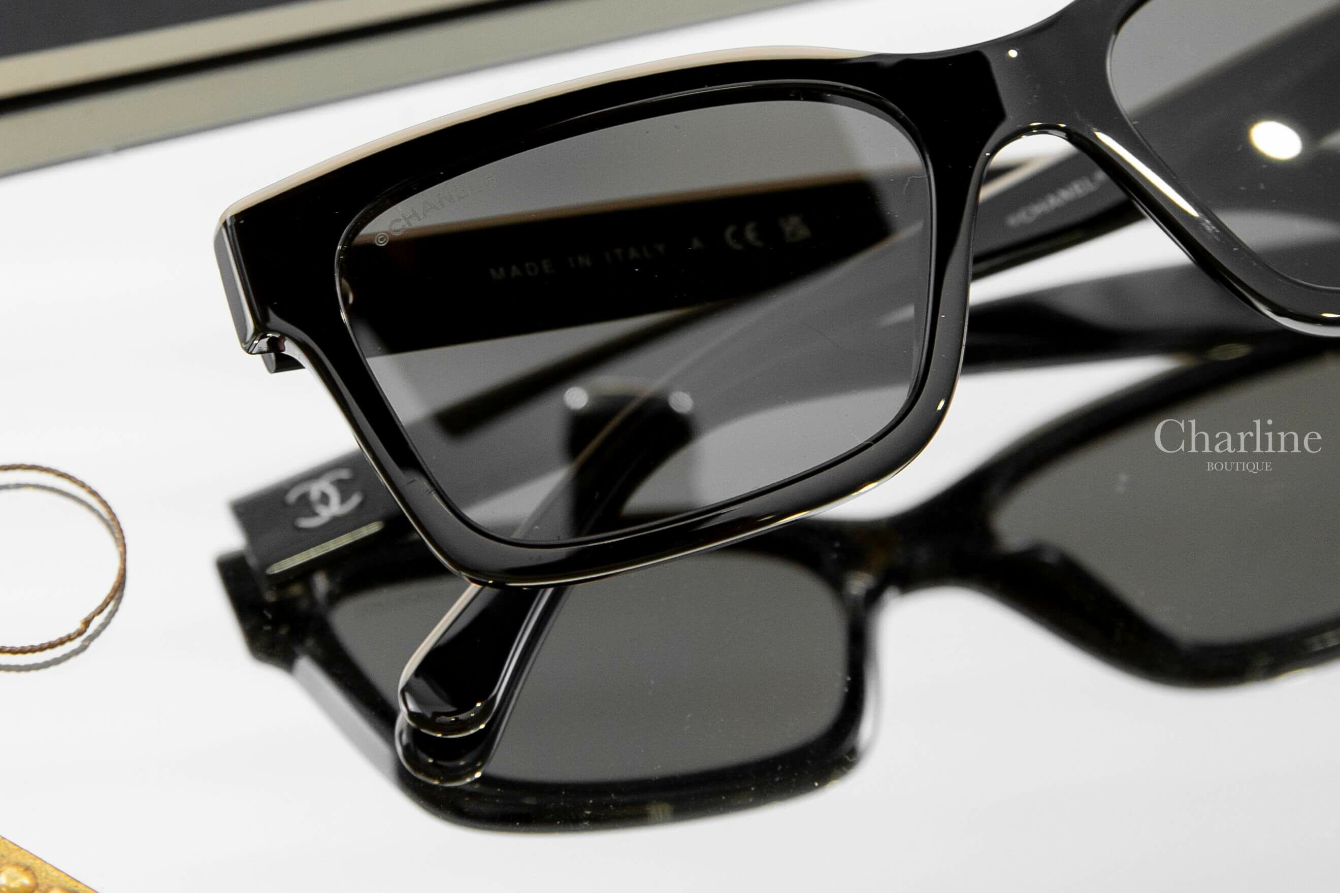 Chanel Square Sunglasses 黑色拼裸底黑字方型咖啡色鏡片銀CC太陽眼鏡
