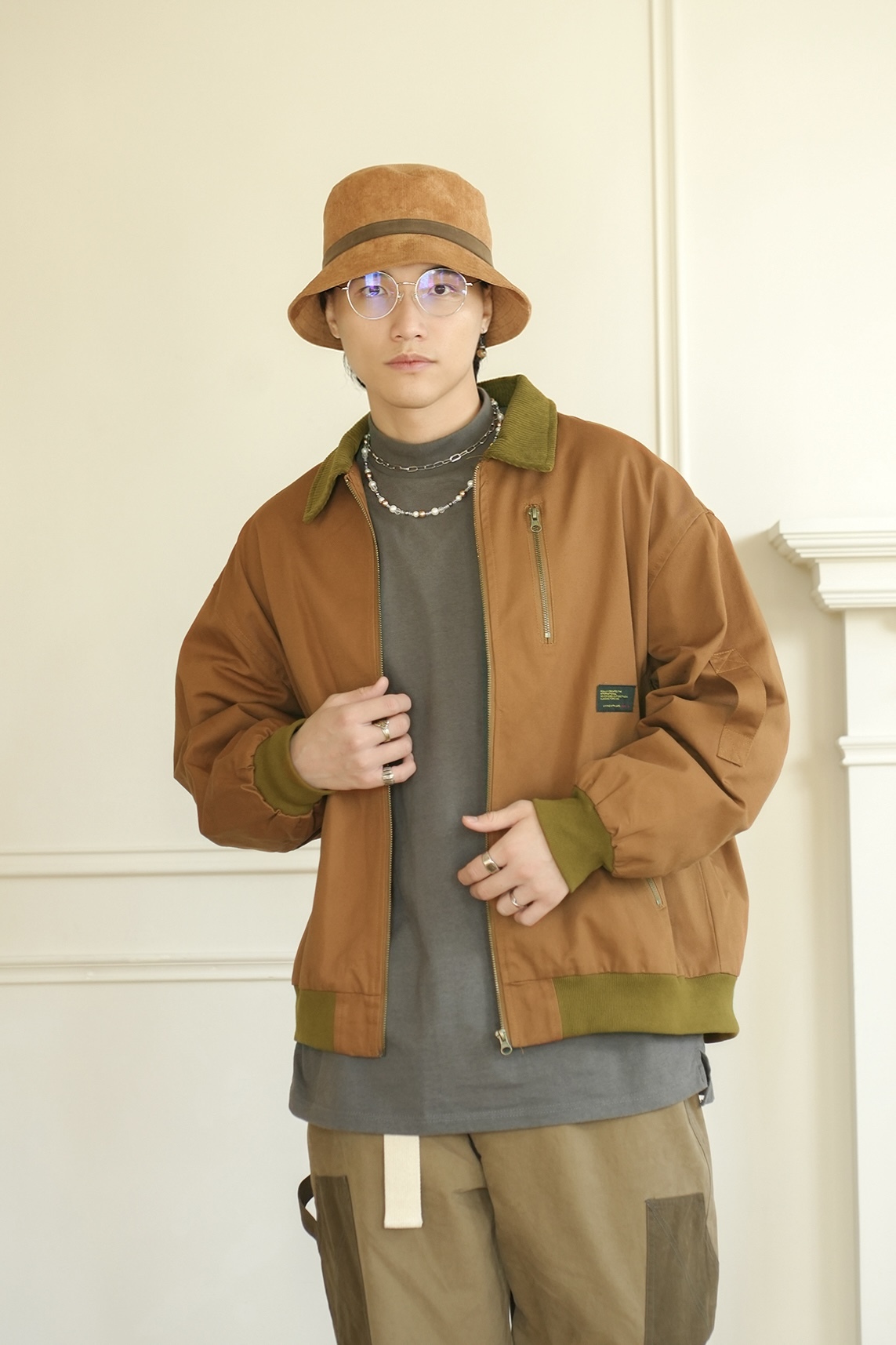 MC042 拼色翻領復古外套 - 咖