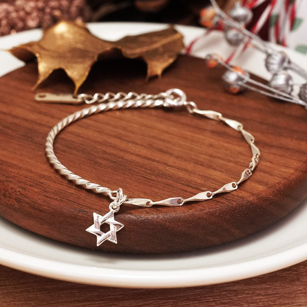 交錯六角星 半半手鍊 聖誕禮物 925純銀手鍊 女生手鍊